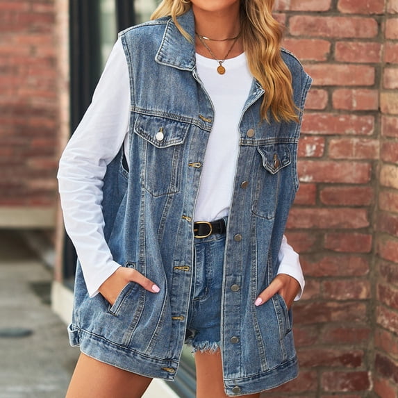 Woman Denim Vest Fashion Medium Long Coat Turn Down Collar Coat Sleeveless Denim Jacket Sleeveless Jackets Duster Trench Coat Women Long down Vest Women Vest Womens Women Fall Coat Plaid Vest Women