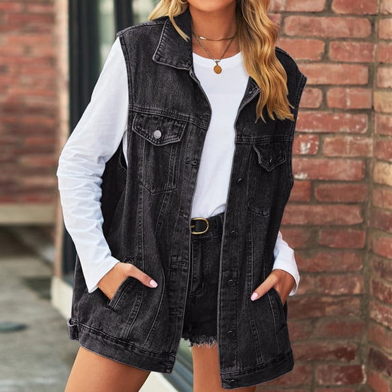 Woman Denim Vest Fashion Medium Long Coat Turn Down Collar Coat Sleeveless Denim Jacket Sleeveless Jackets Duster Trench Coat Women Long down Vest Women Vest Womens Women Fall Coat Plaid Vest Women