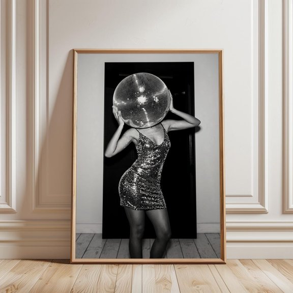 Woman Disco Ball Head Surreal Mirrorball Monochrome Funky Trendy Teen Girl Bedroom Aesthetic