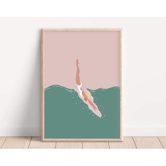 Woman Diving in Pool Print | Jumping in Pool Print | Minimalist Swimming Pool Art | Tiny People Summer Poster | Physical Art Print Option, 24x36 UNFRAMED
