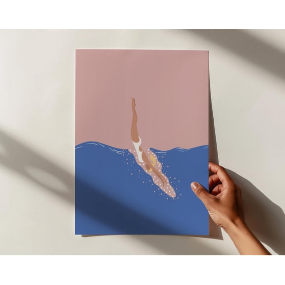 Woman Diving in Pool Print | Girl Jumping in the Pool Print | Pink Swimming Pool Art | Cute Summer Pool House Poster | Art, 12x18 UNFRAMED