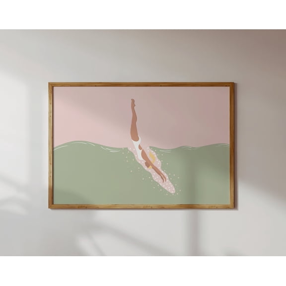 Woman Diving in Pool Print | Jumping in the Pool Print | Horizontal Swimming Pool Art | Summer Poster | , 12x18 UNFRAMED