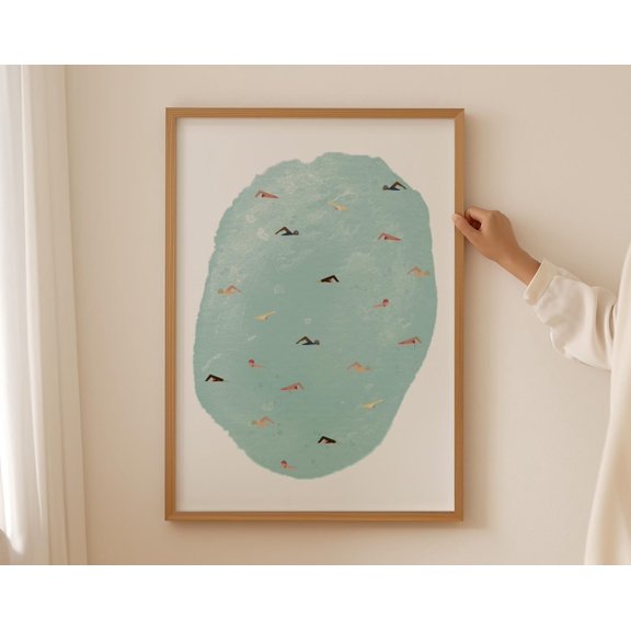 Woman Diving with Turtle Print | Minimalist Woman Ocean Swimming | Snorkeling Underwater Art | Summer Pool House Poster | , 8x12 UNFRAMED