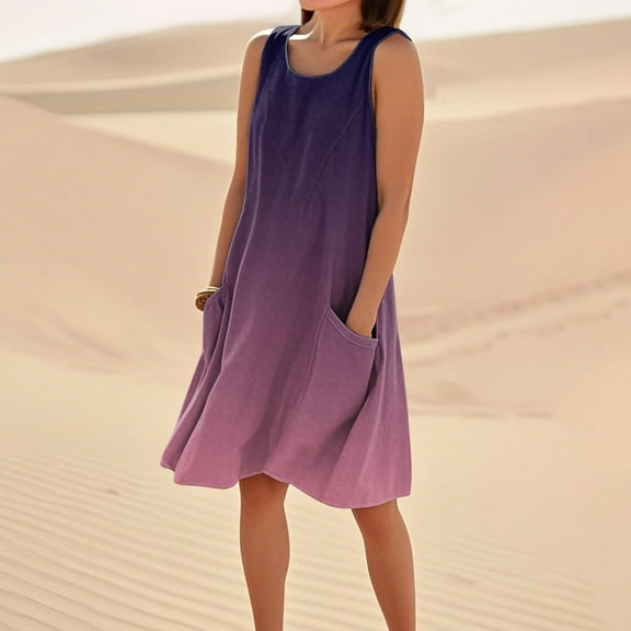 Woman Dress Oversized Gradient Print Crew Neck Mid-Length Dress Leisure Slim Fit Sleeveless Ruffle Flowy Sundress