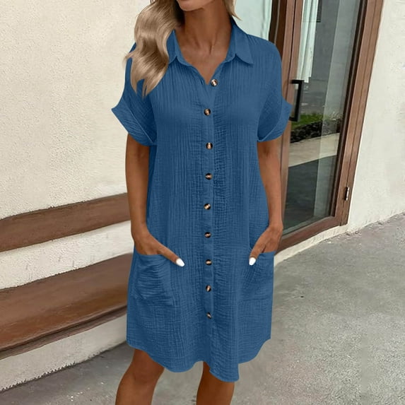 Woman Dresses Elegant Casual New Woman Fashion Solid Color Button Pocket Short Sleeve Turndown Collar Blouse Dress Blue S-Xxl