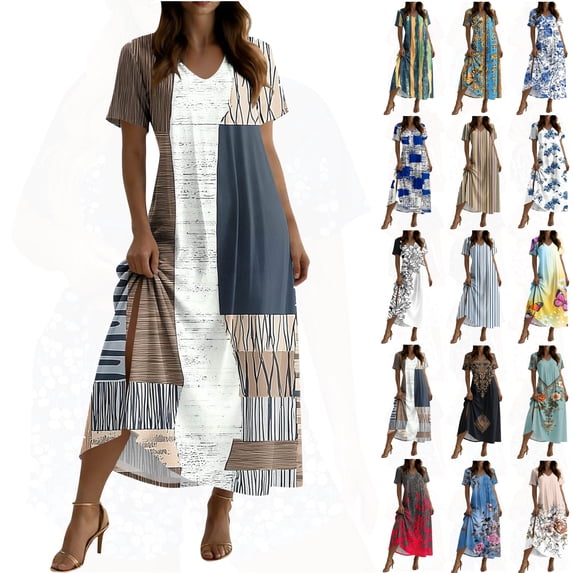 Woman Dresses Ndbuld Women's Loose Short Sleeved Round Neck Fashion Bohemian Flared Split Floor-Length Maxi Dress Khaki S
