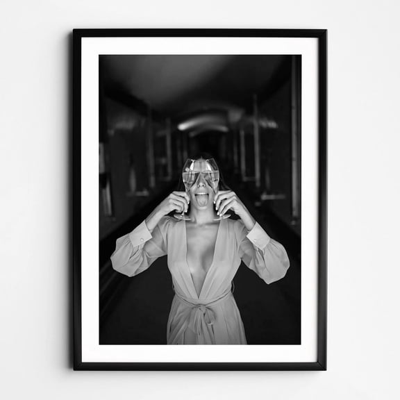 Woman Drinking Champagne Black and White Print Cocktail Wall Art Wine Poster Retro Alcohol Art Feminist Poster Vintage Bar Cart Print