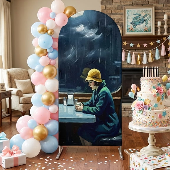 Woman Drinking Coffee Arch Backdrop Covers 4 FT, Rainy Window Retro Moody Art Stretchy Fitted Arched Stand Covers Party Arch Stand Cover Photo Booth for Wedding Birthday Decor