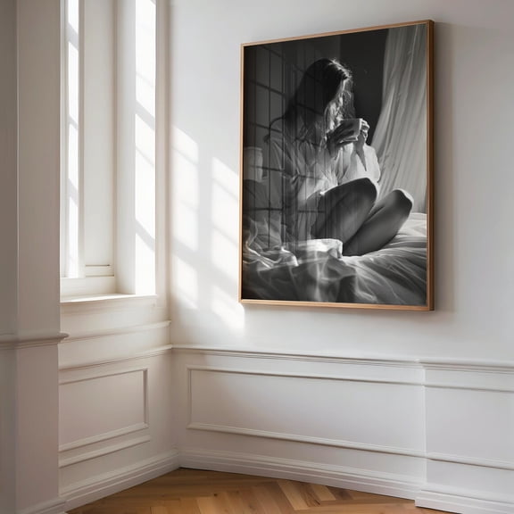 Woman Drinking Coffee In Bed, Black And White Wall Art Print, Home Decor, Bedroom Decor, Unframed, Coffee Lover, Moody Wall Art, Poster, Unframed Poster Size 8x12