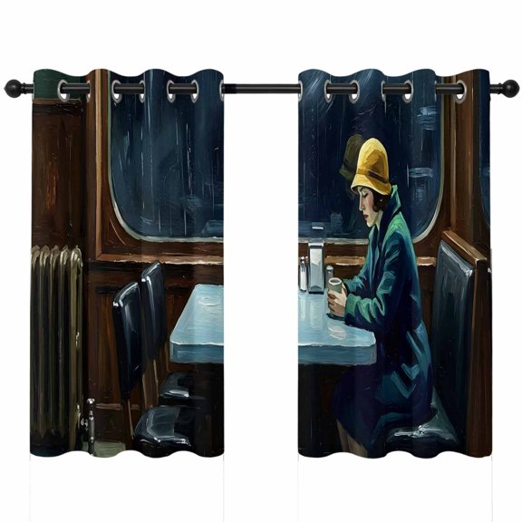 Woman Drinking Coffee Blackout Curtains 54 Inches Long, Rainy Window Retro Moody Art Thermal Insulated Room Darkening Drapes with Grommets for Living Room 42"W x 54"L, 2 Panels