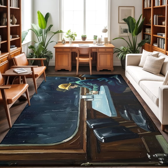 Woman Drinking Coffee Washable Area Rug 9 x 12 ft Rainy Window Retro Moody Art, Soft Non Slip Rugs Stain Repellent Indoor Felt Carpet for Living Dining Room Bedroom Home Office