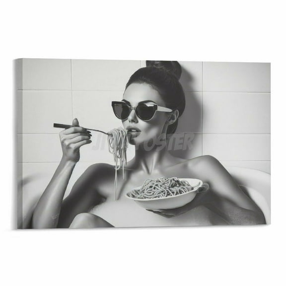 Woman Eating Spaghetti In Bathtub Wall Art Woman Eating Pasta Print, Black And White Photo Bathroom Poster Retro Decor Kitchen Wall Art Canvas Painting Posters And Prints Wall Art For Living Room