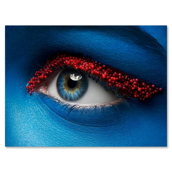 Woman Eye With Blue Paint On Face & Red Balls 12 in x 8 in Photography Canvas Art Print, by Designart