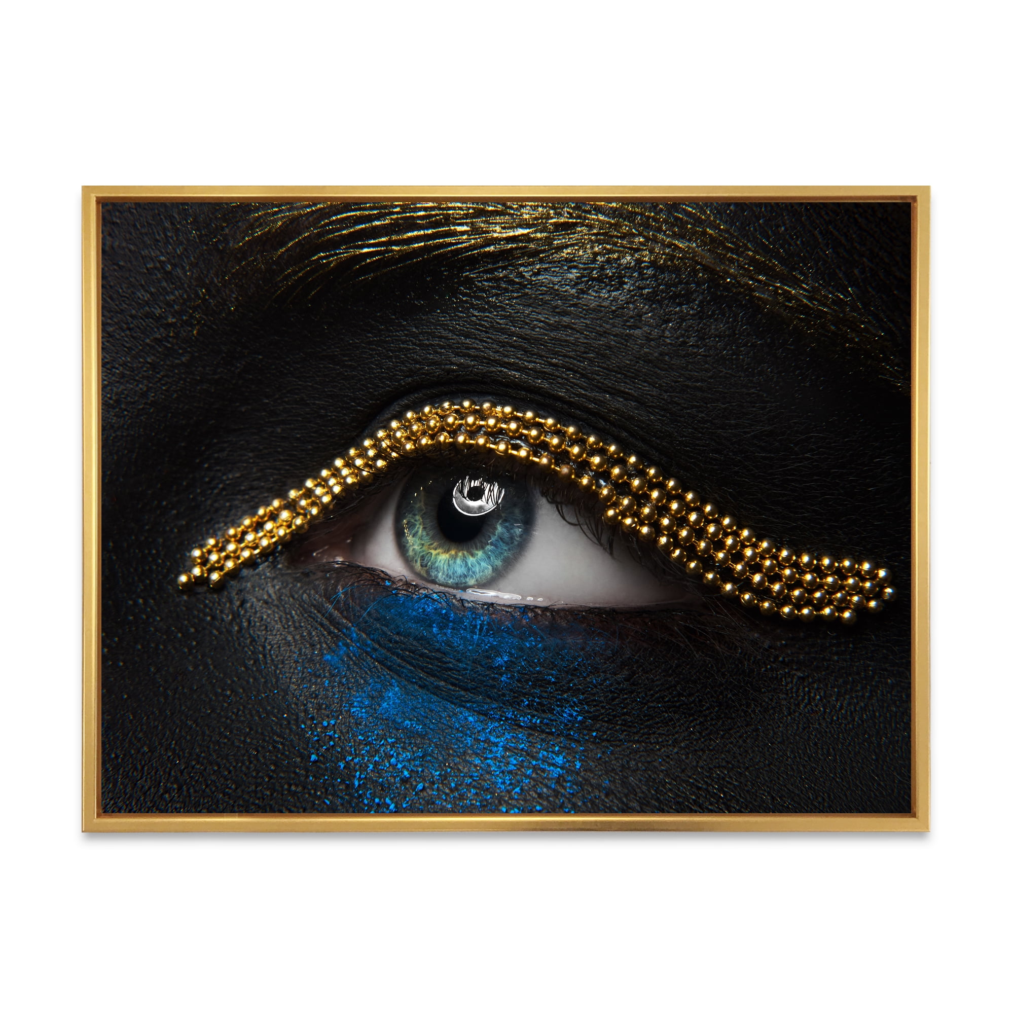Woman Eyes With Black Skin With A Gold Chain 32 in x 24 in Framed Photography Canvas Art Print, by Designart
