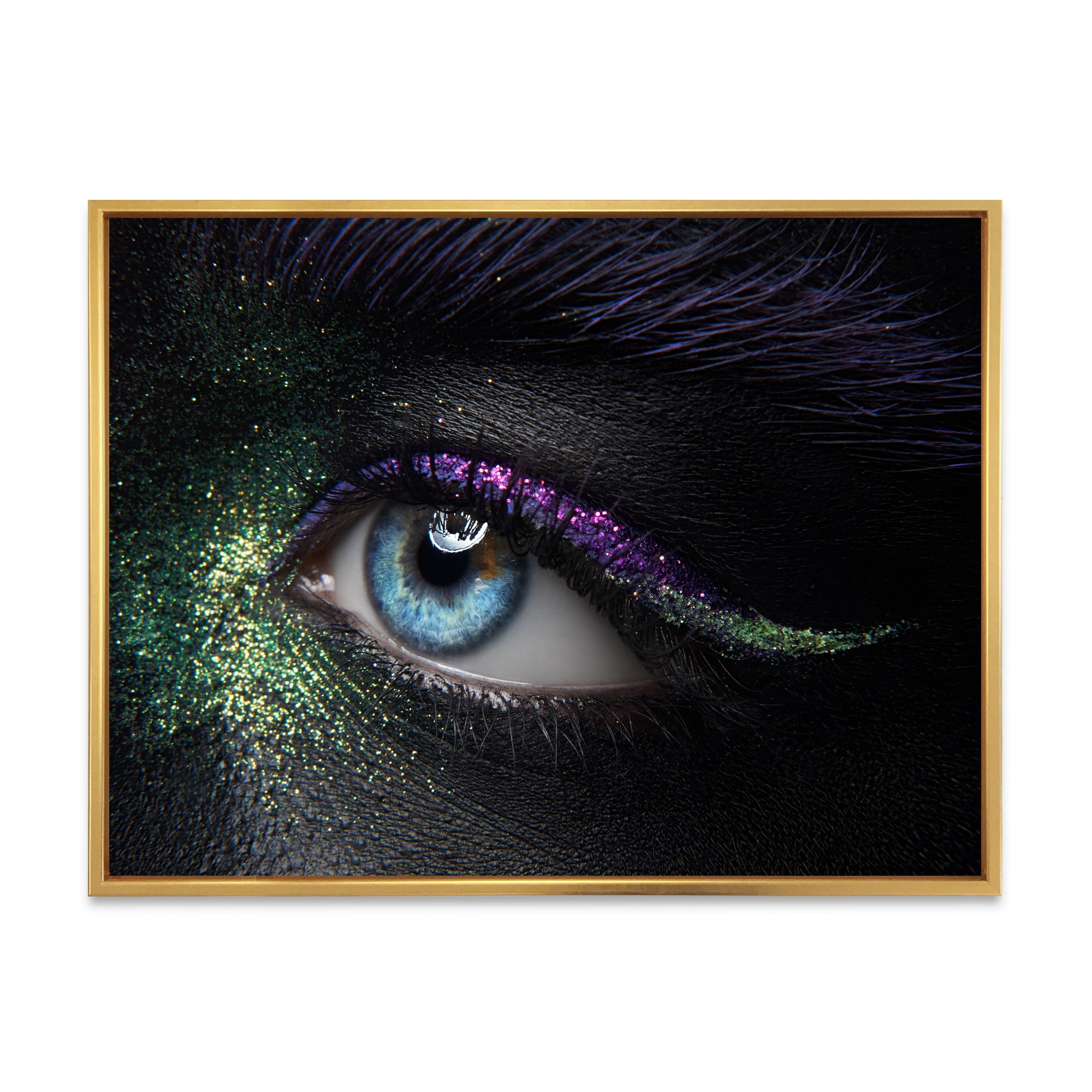 Woman Eyes With Green & Purple Pigment & Sparkles 32 in x 16 in Framed Photography Canvas Art Print, by Designart