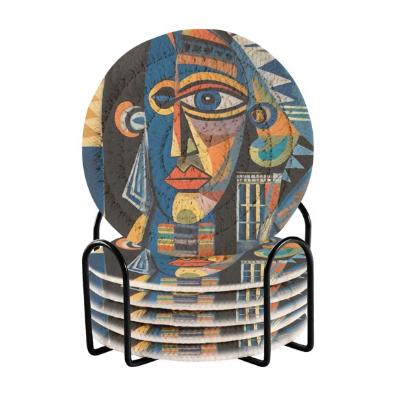 Woman Face Abstract 6 Pcs Drink Coasters with Holder Absorbent Coasters Woven Coasters for Drinks Table Desk Protection Home Decor