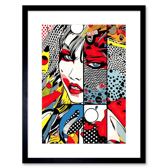 Woman Face Comic Book Action Strip Patterns Super Villain Antihero Assassin Halftone Artwork Framed Wall Art Print 9X7 Inch