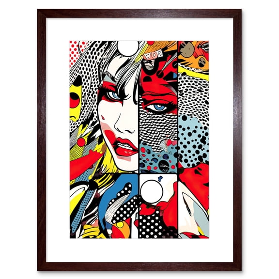 Woman Face Comic Book Action Strip Patterns Super Villain Antihero Assassin Halftone Artwork Framed Wall Art Print 9X7 Inch
