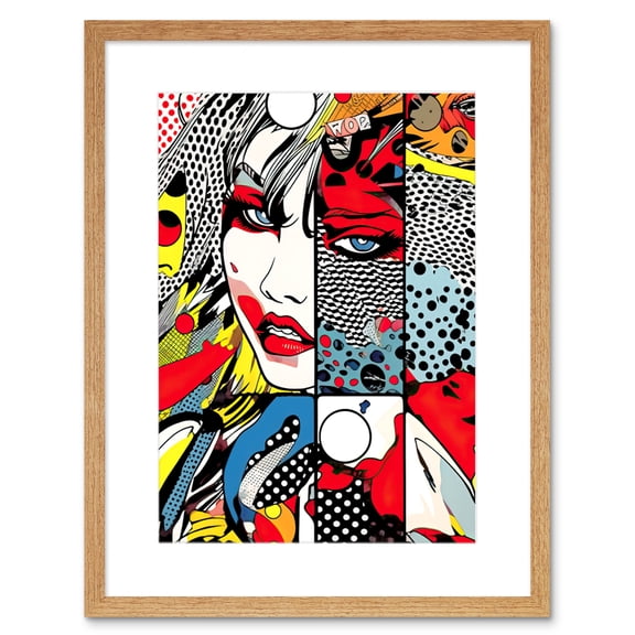 Woman Face Comic Book Action Strip Patterns Super Villain Antihero Assassin Halftone Artwork Framed Wall Art Print 9X7 Inch
