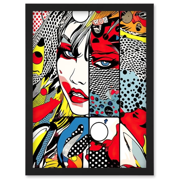 Woman Face Comic Book Action Strip Patterns Super Villain Antihero Assassin Halftone Artwork Framed Wall Art Print A4