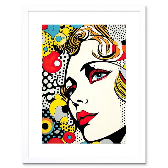 Woman Face Geometric Patterns Bubbles Comic Book Style Pop Art Teen Room Halftone Artwork Framed Wall Art Print 9X7 Inch