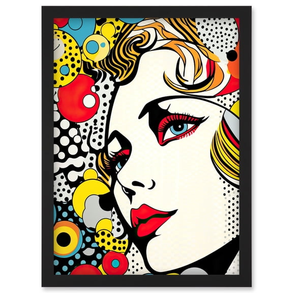 Woman Face Geometric Patterns Bubbles Comic Book Style Pop Art Teen Room Halftone Artwork Framed Wall Art Print A4