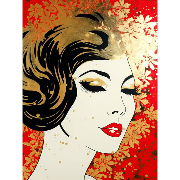 Woman Face Retro Glam Aesthetic Gold Flower Pattern Red Linocut Portrait Teen Room Extra Large XL Wall Art Poster Print