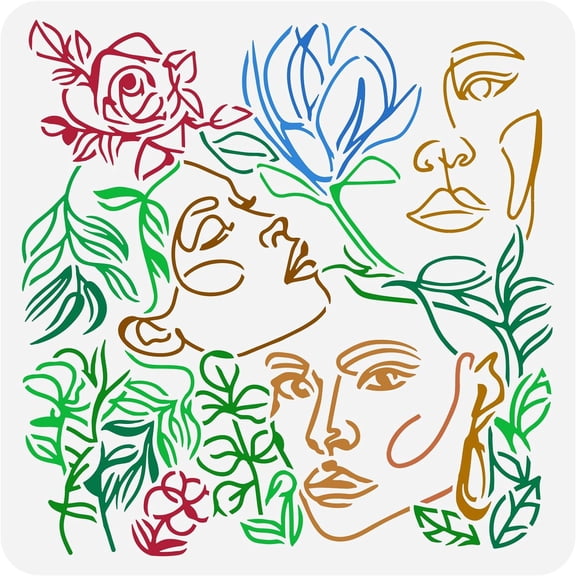 Woman Face Stencil 11.8x11.8inch Line Art Beautiful Woman Face Drawing Template Beauty Girl Rose Magnolia Pattern Decoration Stencil for Painting on Wood Wall Fabric Paper Furniture White