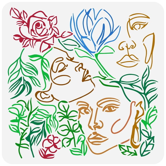 Woman Face Stencil 11.8x11.8inch Line Art Beautiful Woman Face Drawing Template Beauty Girl Rose Magnolia Pattern Decoration Stencil for Painting on