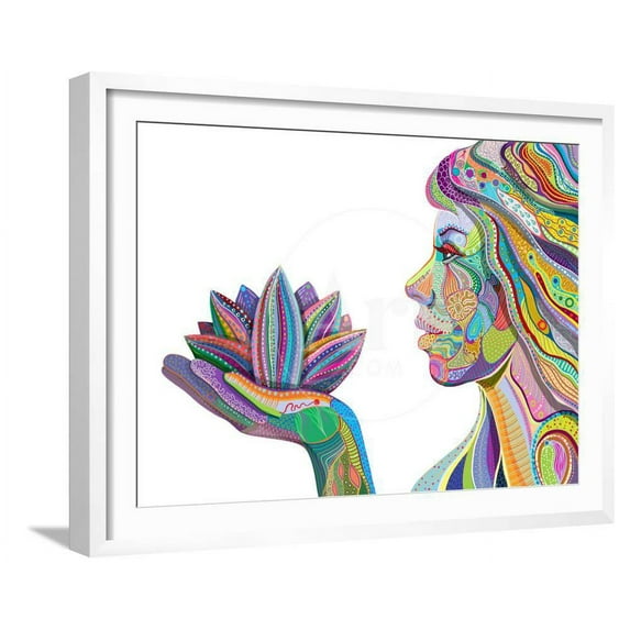 Woman Face With Multicolored Indian Pattern Holding Lotus Flower, Side View, Digital Painting, Framed Art Print Wall Art by shooarts Sold by Art.Com
