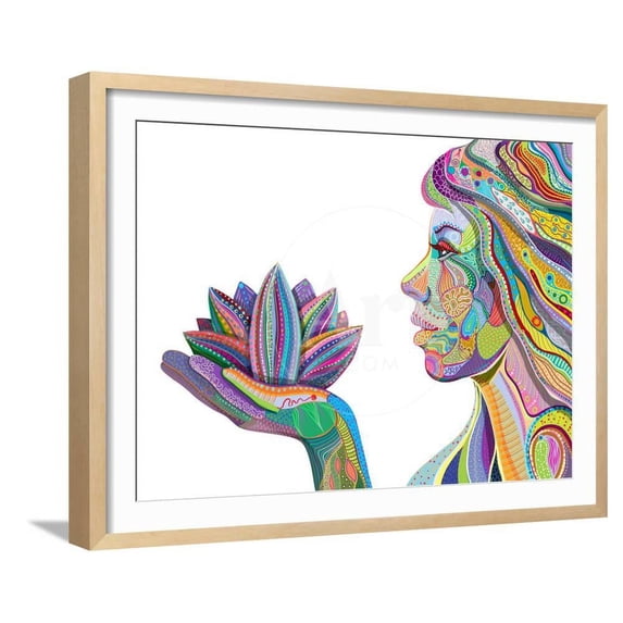 Woman Face With Multicolored Indian Pattern Holding Lotus Flower, Side View, Digital Painting, Framed Art Print Wall Art by shooarts Sold by Art.Com
