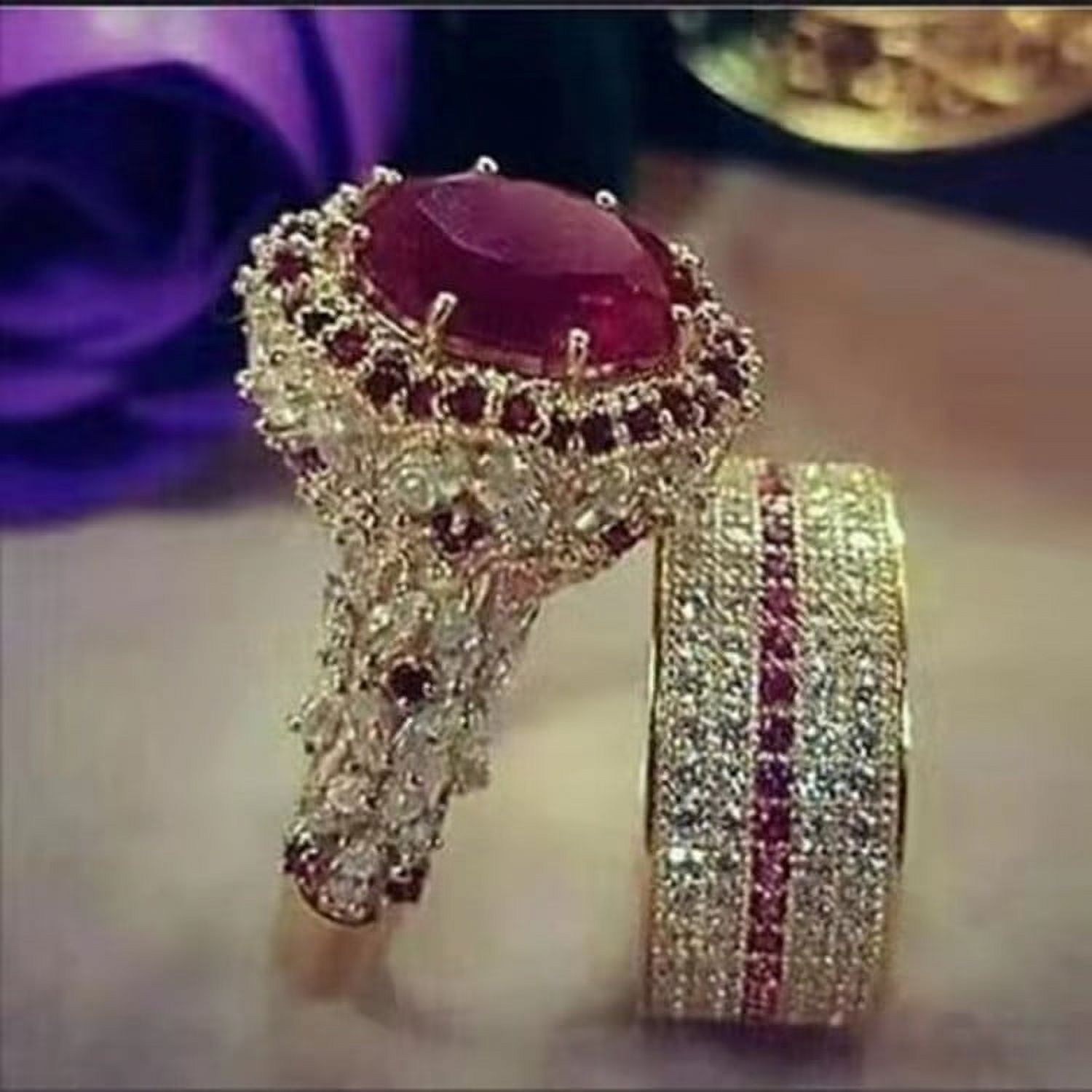 Woman Fashion Antique Art Jewelry Exquisite 18K Gold Natural Red Ruby Gem Diamond Ring - image 1 of 2