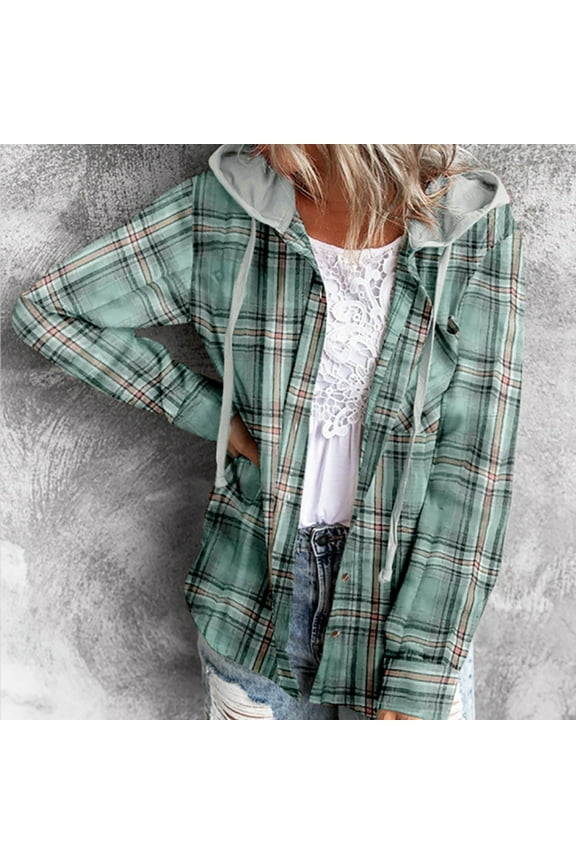 Woman Fashion Clearance,AXXD Casual Plaid Button Hooded Cropped Cardigans for Women Clearance Green Size 4
