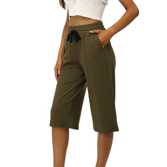 Woman Fashion Drawstring Pockets Elastic Waist Solid Capris Pants