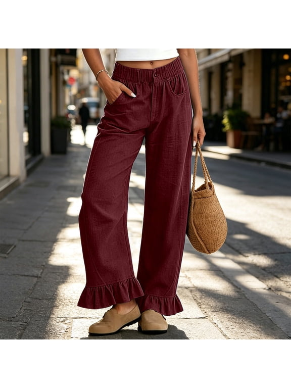 Woman Fashion Ruffle Hem Pant Summer Elastic Waisted Straight Wide Leg Button Ruffle Harem Palazzo Pant with Pockets(,S)
