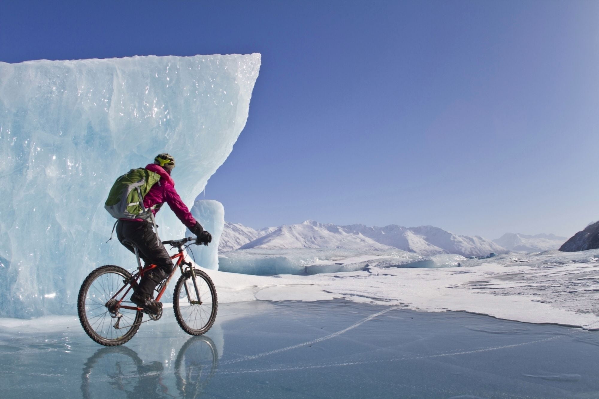 Woman Fat Tire Mountain Biking On Ice At The Knik Glacier Chugach Mountains Southcentral Alaska Winter Canvas Art - Joe Stock Design Pics (17 x 11)