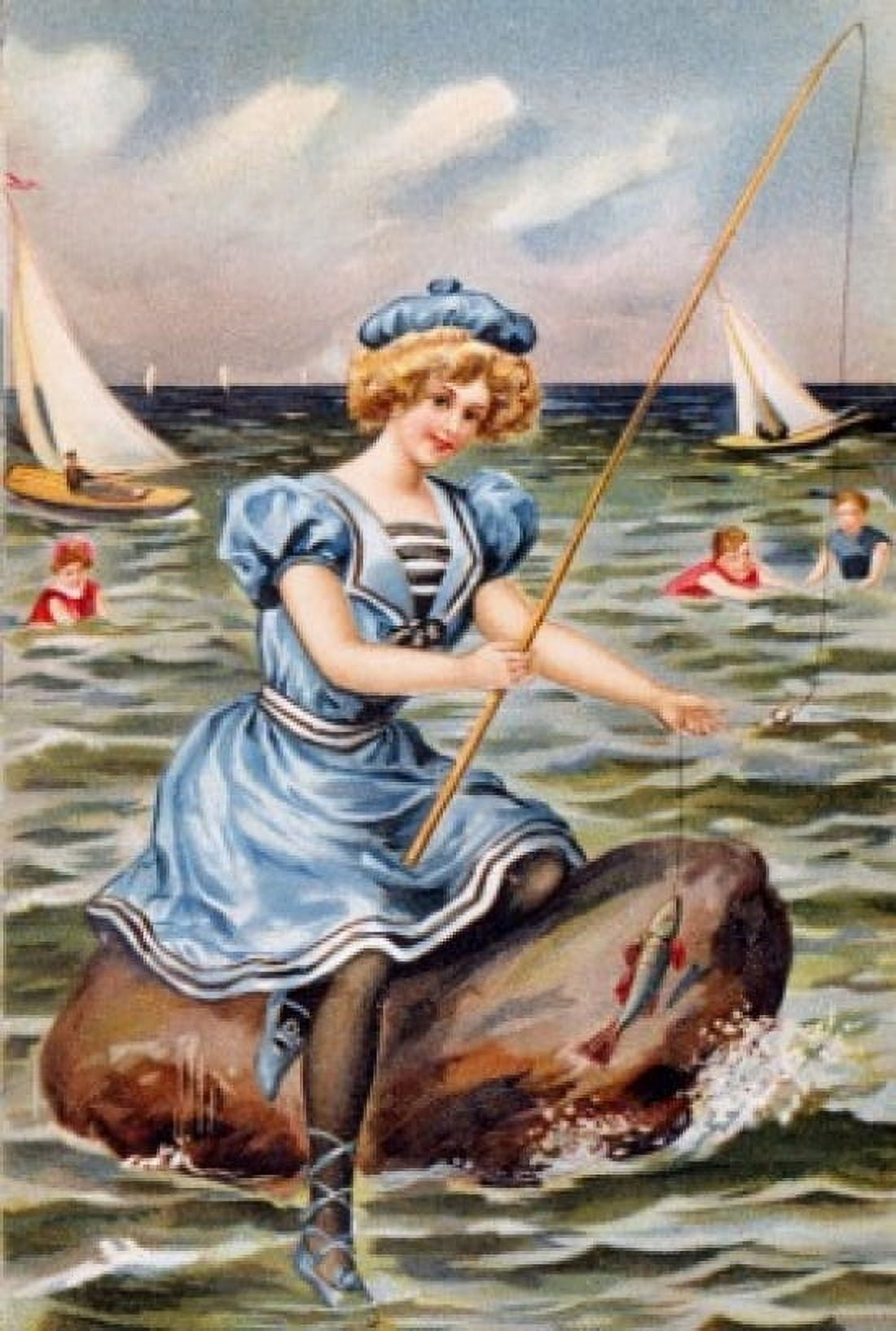 Woman Fishing Nostalgia Cards Canvas Art - (24 x 36)