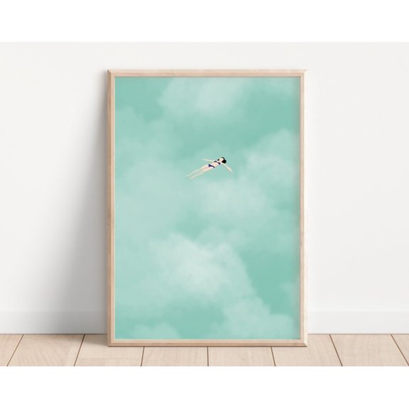 Woman Floating in Clouds | Tiny People Swimming Pool Art | Summer Beach Poster | Pool House Decor | Beach House Art | Physical Print Option, 8x12 UNFRAMED