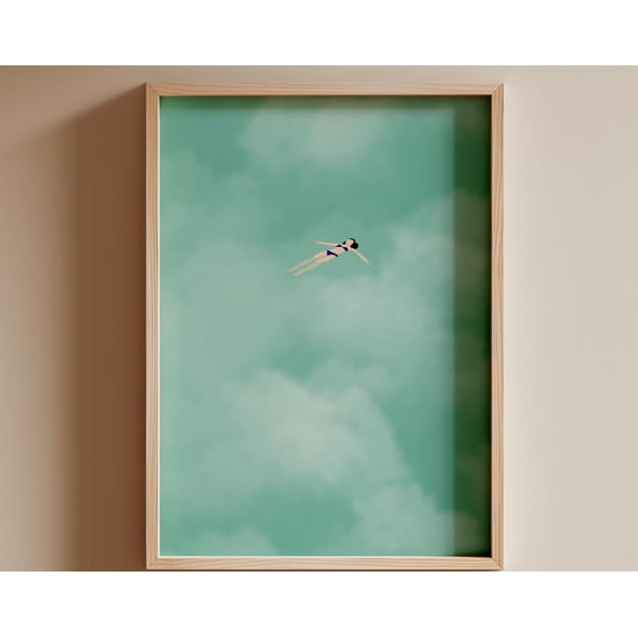 Woman Floating in Clouds Print | Minimalist Swimming Pool Art | Cute Summer Poster Beach House Decor, 16x24 UNFRAMED