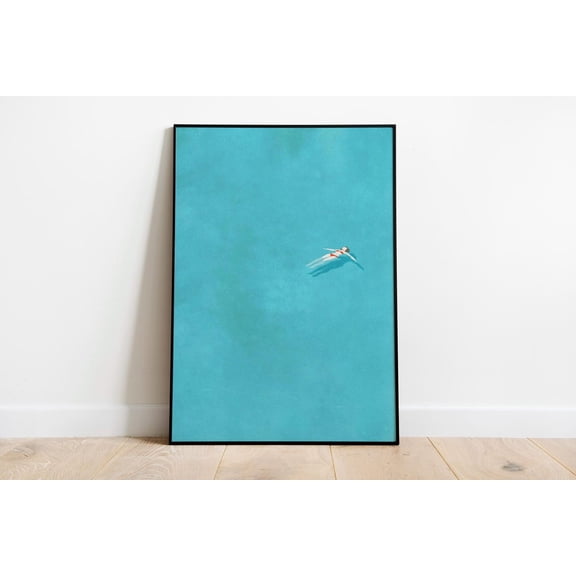 Woman Floating in Pool Swimming Alone Wall Art Summer Swim Pool House Beach Decor, Unframed Poster