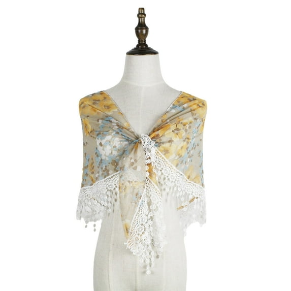 Woman Floral Print Chiffon Scarf Large Triangle Shawl Sunproof for Outdoor