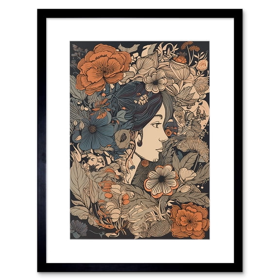 Woman Floral Profile Portrait Boho Art Nouveau Artwork Framed Wall Art Print 9X7 Inch