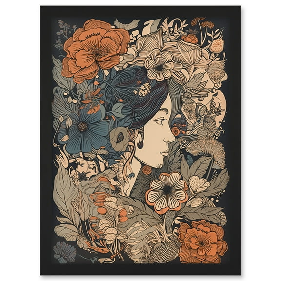 Woman Floral Profile Portrait Boho Art Nouveau Artwork Framed Wall Art Print A4