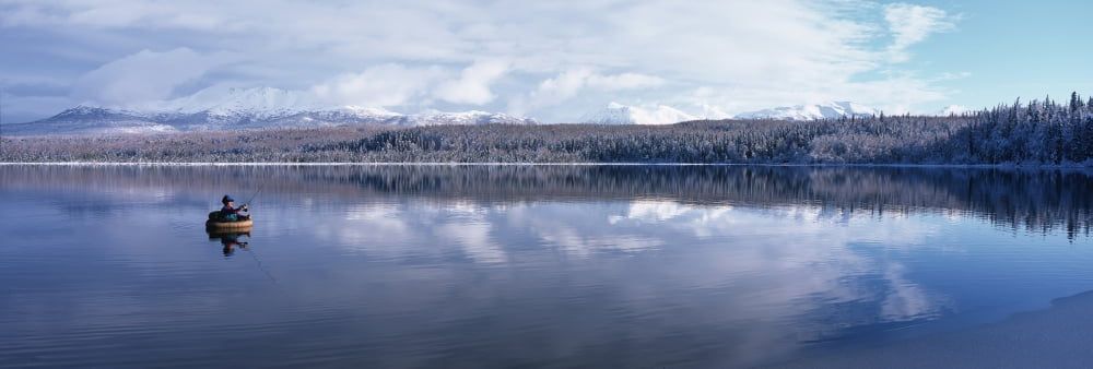 Woman Flyfishing From Float Tube Otter Lake Winter Kenai Peninsula Alaska Canvas Art - Michael DeYoung Design Pics (24 x 8)