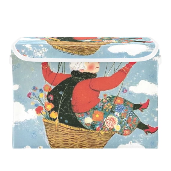 Woman Flying with Balloon Large Storage Bins with Linen Collapsible Lid Storage Box 16.7 x 12.6 x 11.8in
