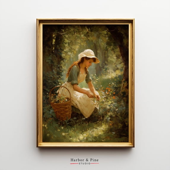 Woman Gathering Wildflowers Rustic Vintage Summer Art, Unframed Paper Poster 24x36in