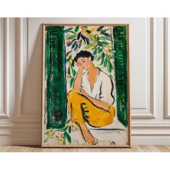 Woman Green Window Wall Art Print, Unframed Paper Poster 24x36in