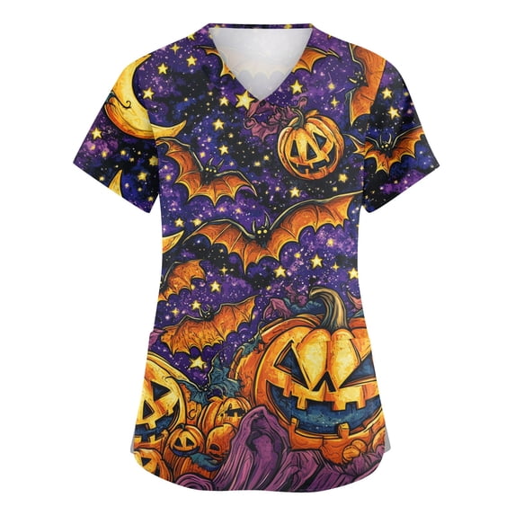 Woman Halloween Medical Scrub Top, Stretch Comfort Nursing Uniform with Multi Pockets for All Healthcare Workers, Washable Holiday Care Work Shirt Dark Purple S