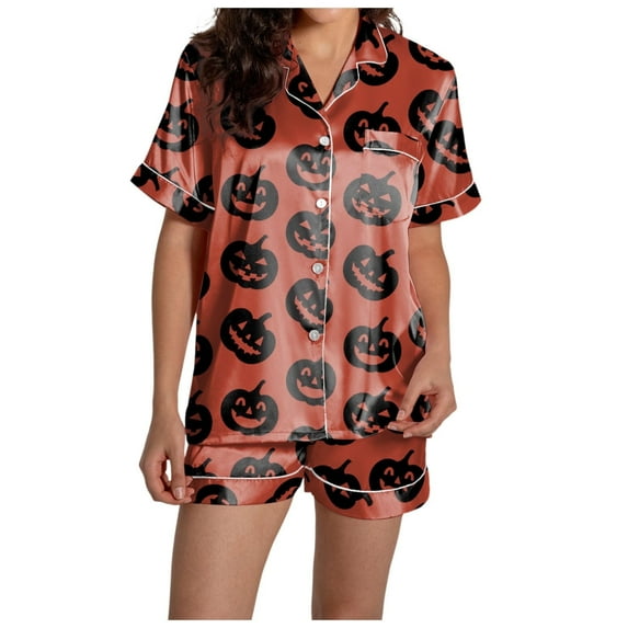 Woman Halloween Pajama Set Buttery Breathable Ghost Graphic Short Sleeve Button Down Shirts and Shorts Relaxed Fit 2 Piece Sleepwear Cute Lounge Sets