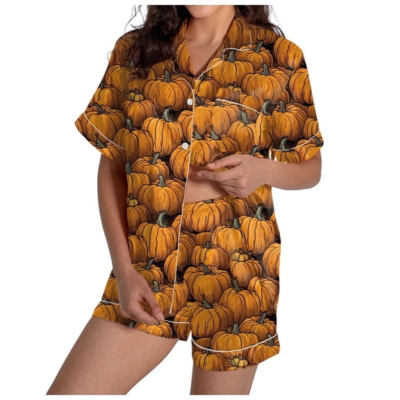 Woman Halloween Pajama Set Ghost Pumpkin Print Button Down Short Sleeve Smooth Nightwear with Short Lounge Sets 2 Piece Loose Layering Friendly Womens Pj Set